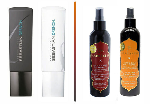 Bottles of Drench Shampoo, Drench Conditioner, Marrakesh X Leave-In Treatment and Detangler Dreamsicle Scent