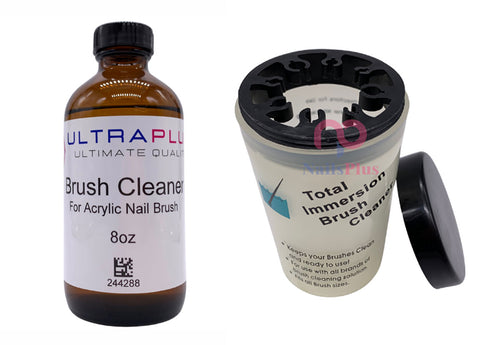 How to Clean Acrylic Nail Brushes - Images of Two Different Brush Cleaner Solutions and Products